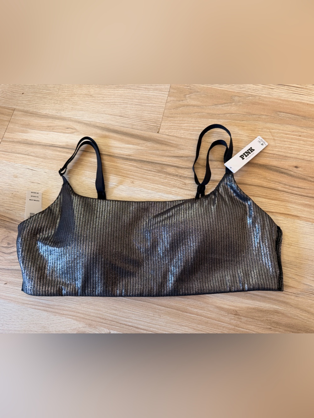 PINK Shimmery Ribbed Bralette - Black/Silver